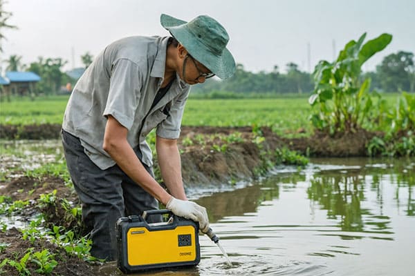 Farmer testing pond water quality
